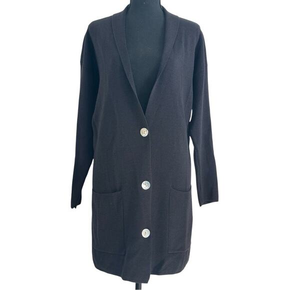 Vintage 90s Wool Midi Cardigan Black size S Knit Pockets Button up - Picture 1 of 9